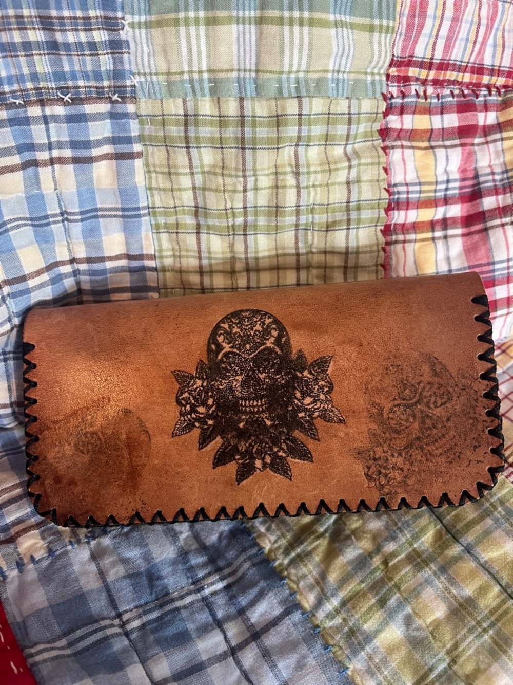 By Bodzi Handcrafted Brown Leather Clutch Wallet Owl Skull Rose - Picture 3 of 10